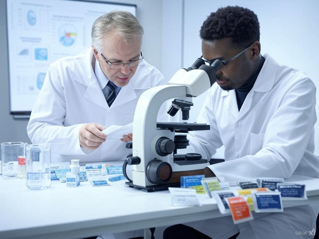 Lab scene depicting scientists analysing nicotine pouches for microplastics, with detailed equipment and nicotine pouches.