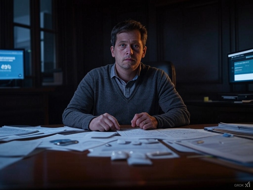Journalist researching with documents, nicotine pouches, and glowing computer screen.