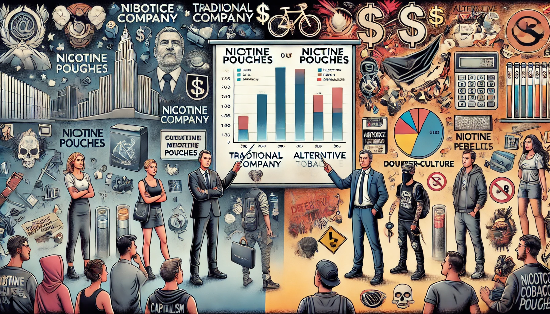 Infographic showing a debate on nicotine pouches with contrasting views and symbolic elements.