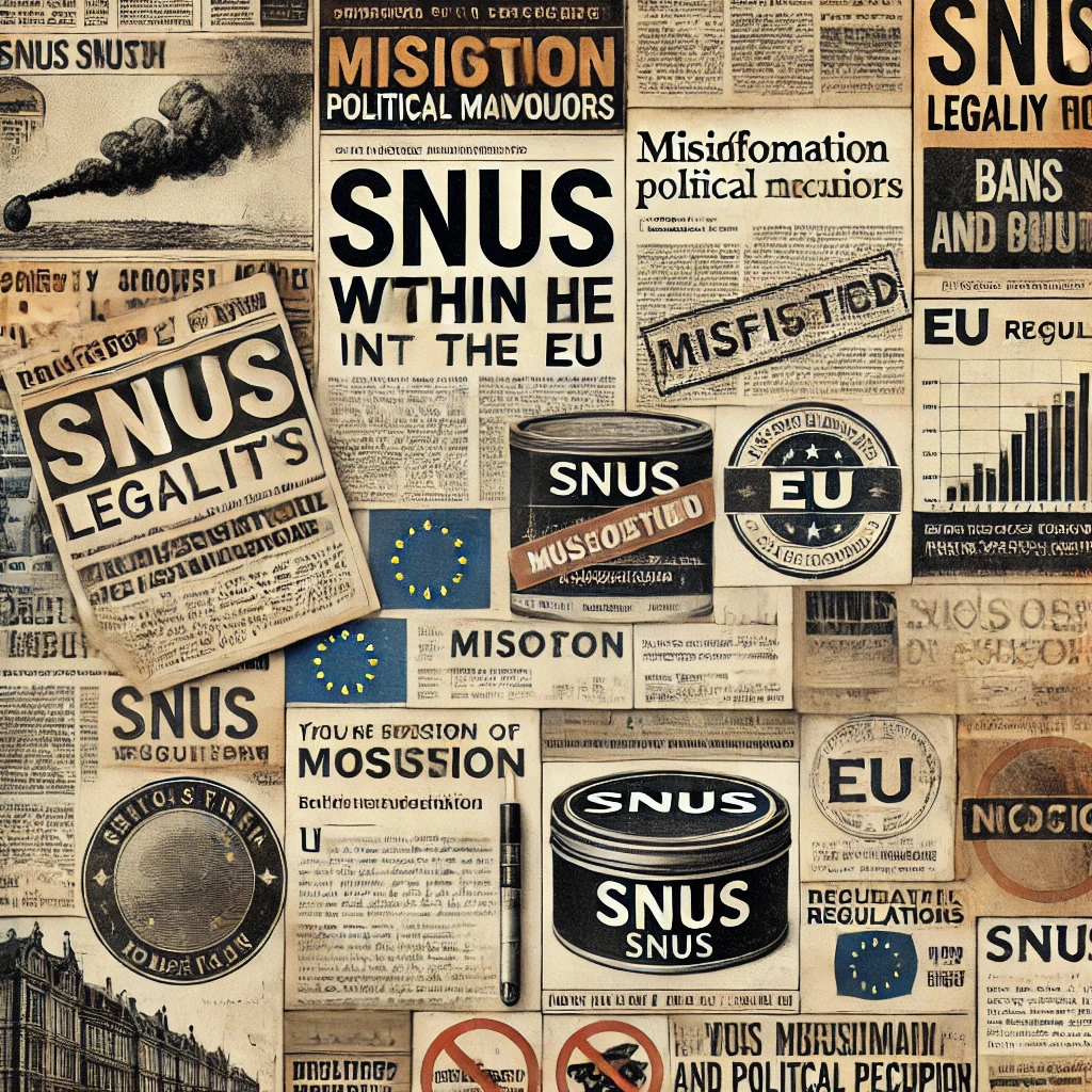 A collage of news clippings and documents illustrating the snus debate in the EU