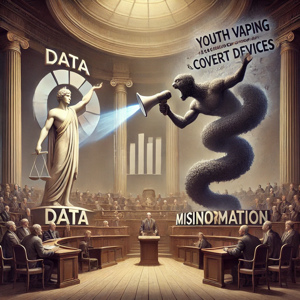 Mythological courtroom with data vs. misinformation on youth vaping.