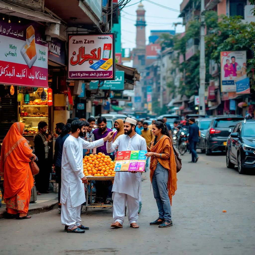 Urban Pakistani streets with nicotine pouch advertisements.