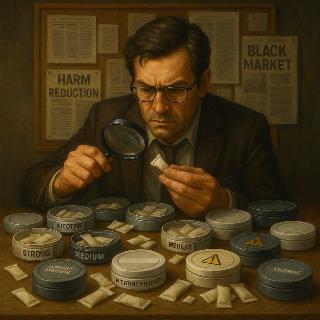 A journalist investigating nicotine pouches with warning labels and a background of public debate documents.