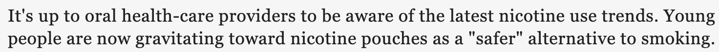 Screenshot of a text excerpt discussing nicotine pouches and their impact on oral health.