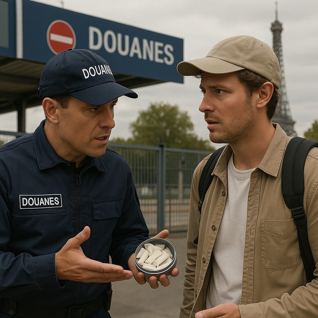 French customs checkpoint with a tourist detained for having nicotine pouches, Eiffel Tower in the background.