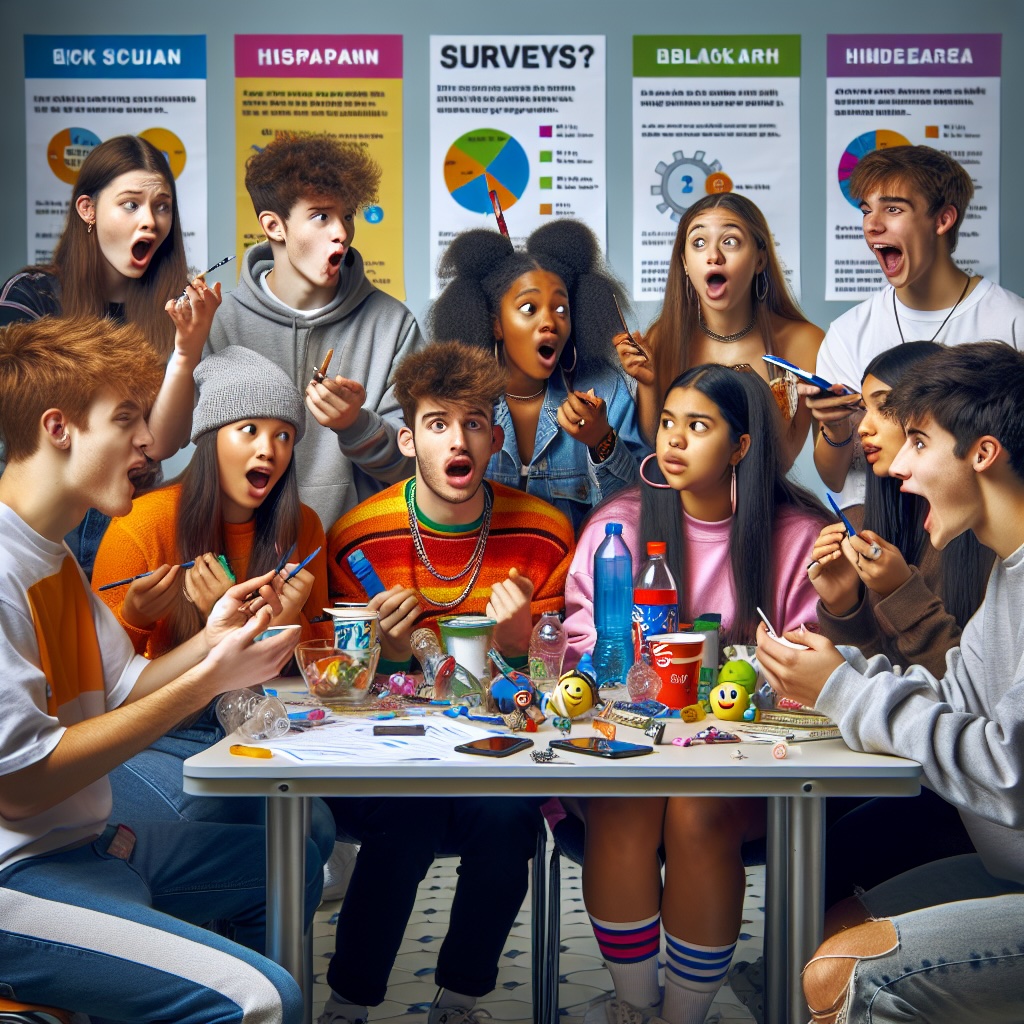 Teenagers at a table discussing surveys with vaping devices and nicotine pouches.