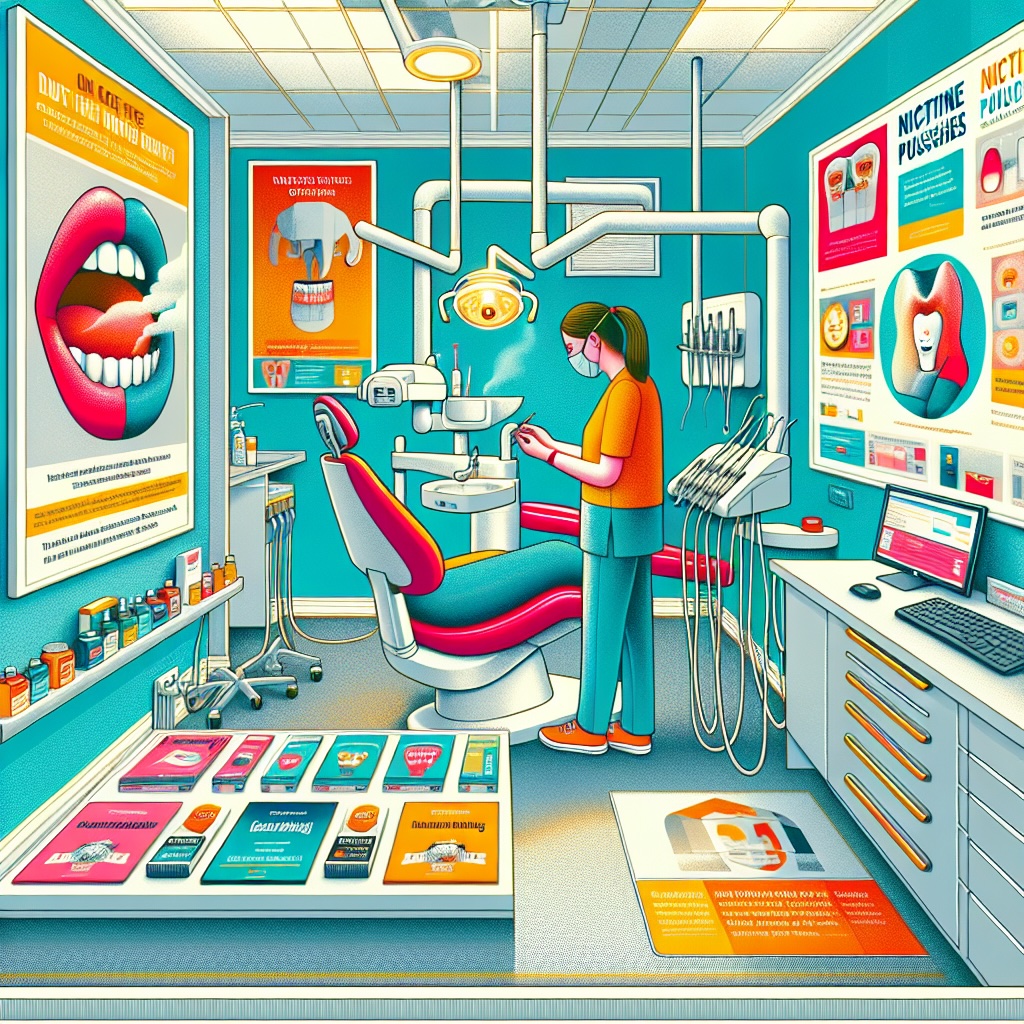 Illustration of a dental hygienist's office focused on nicotine pouch education.