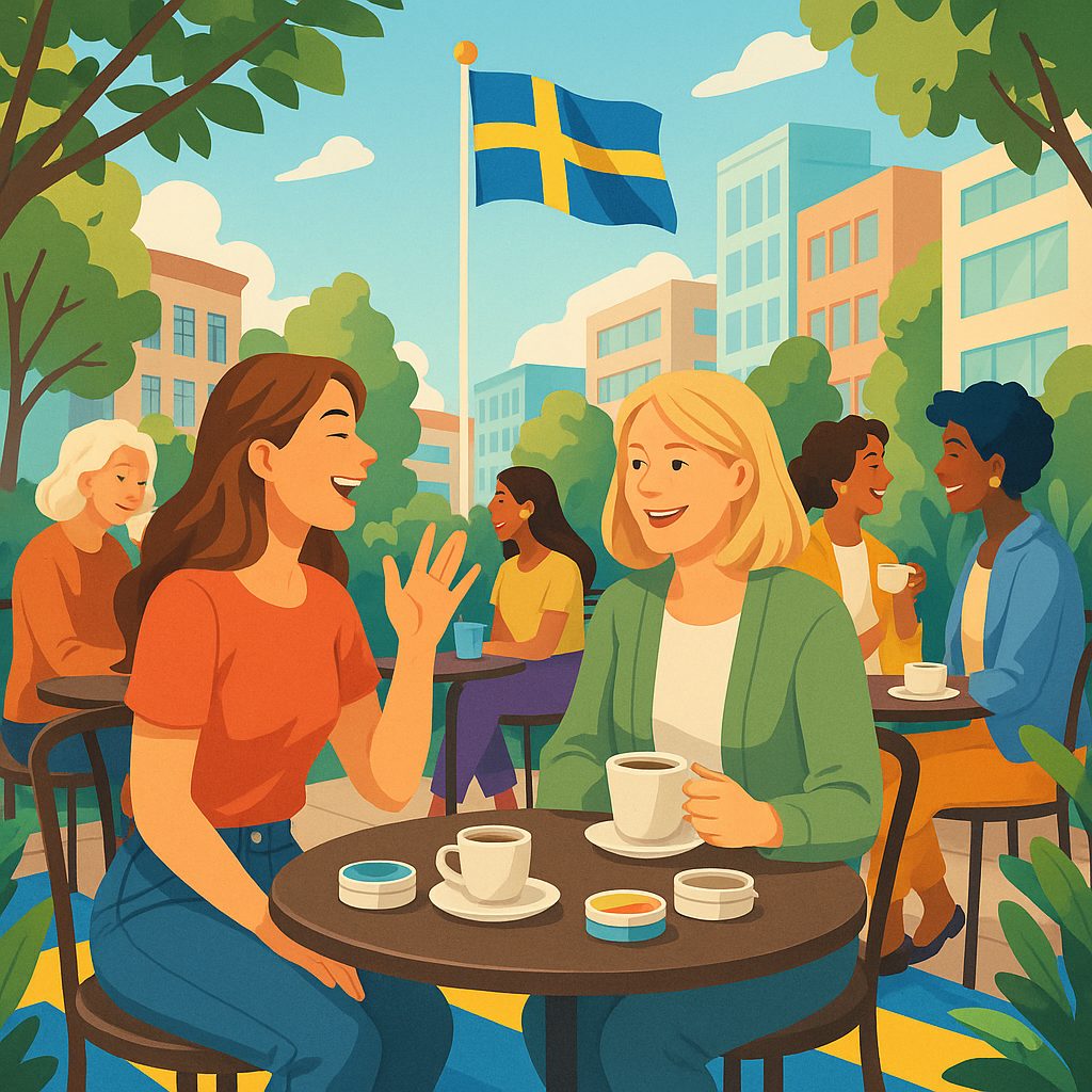 Women enjoying outdoor coffee shops in Sweden, with discreet nicotine pouch imagery.