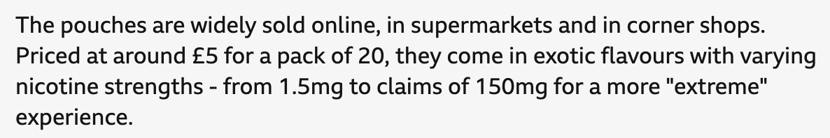 Screenshot of a BBC article discussing a 17-year-old's nicotine pouch use.