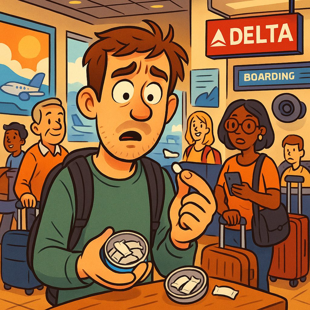 A busy airport terminal with a diverse group of passengers, focusing on a confused traveller holding a nicotine pouch near a Delta Airlines gate.