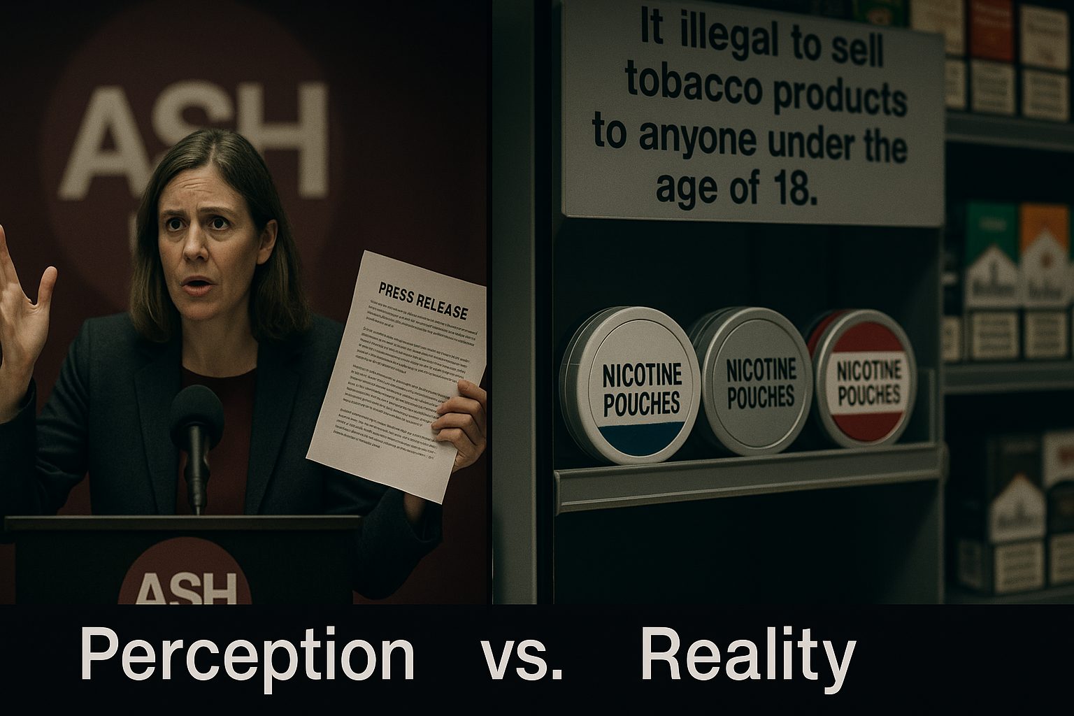 Split image showing an ASH spokesperson delivering a statement beside a shelf of age-restricted nicotine pouch products in a shop.