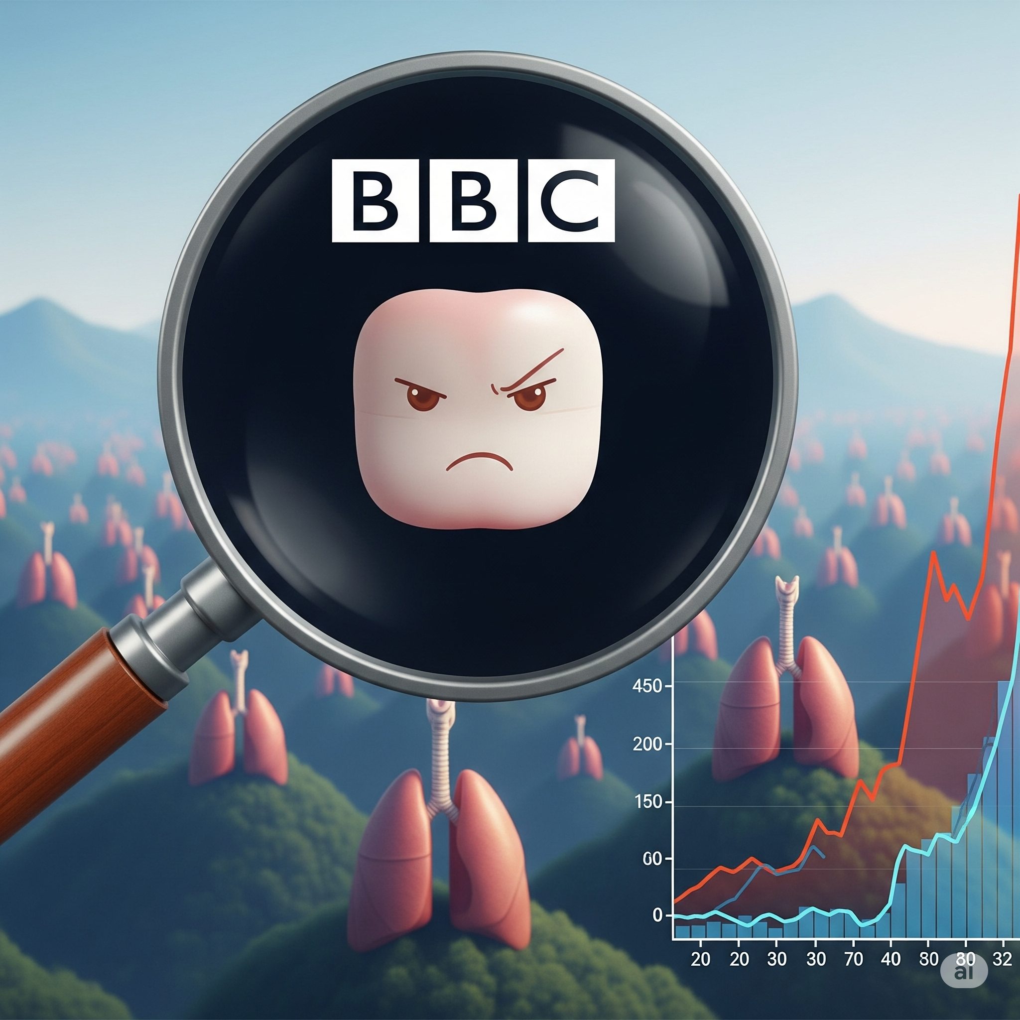 A large magnifying glass with "BBC" written on it is prominently centered, magnifying a cartoonish, angry-faced pink gum. In the blurred background, there's a landscape of healthy lungs resembling hills and a graph showing a dramatic decline in smoking rates.