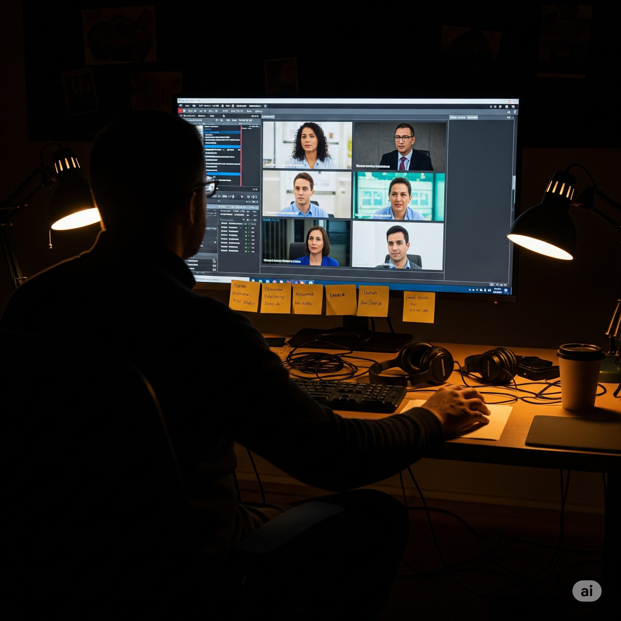 A film director editing interview footage in a creative studio, surrounded by notes and video screens showing health experts.