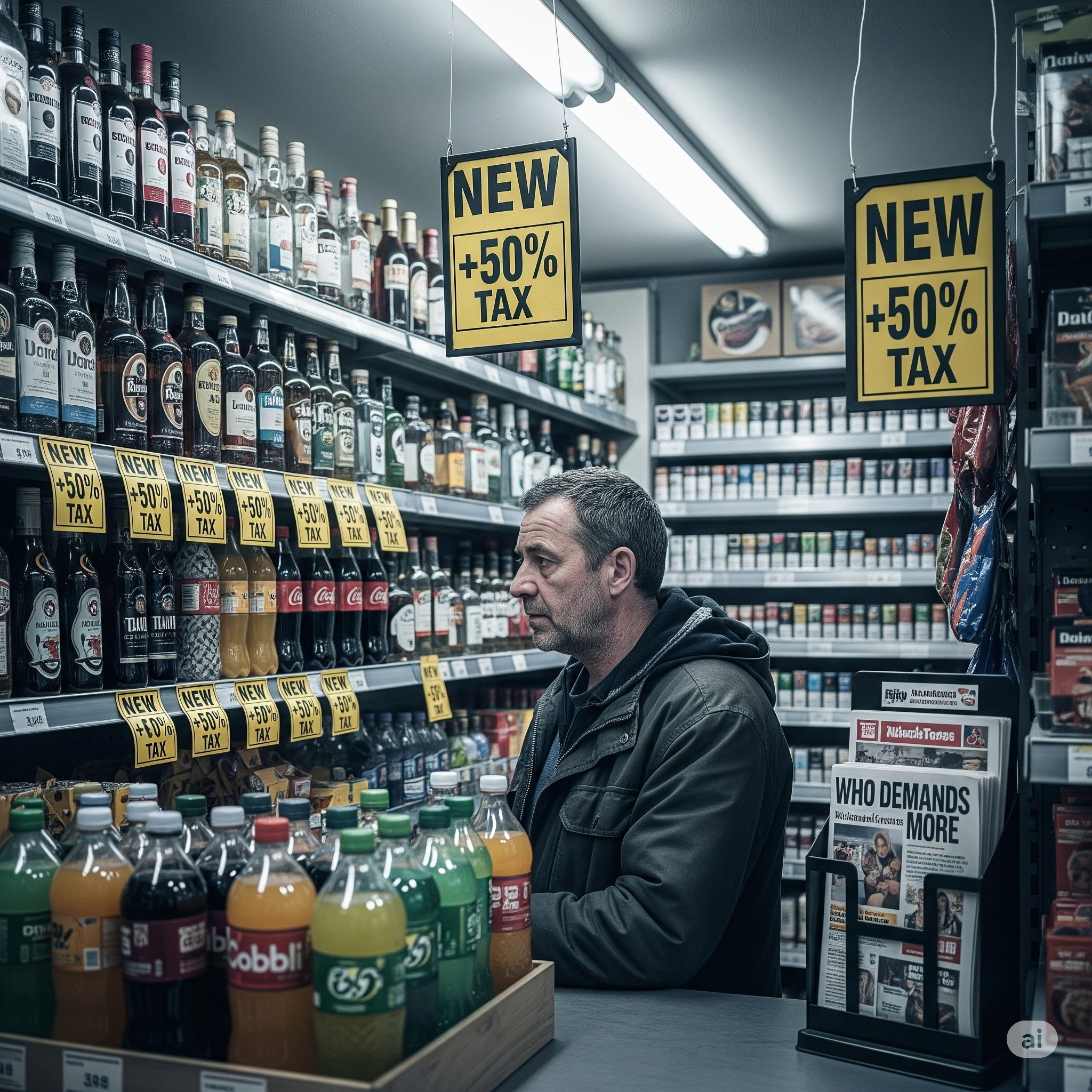A shopper in a British corner shop looking at higher-priced soft drinks and alcohol, with a newsstand showing a headline about WHO tax demands.