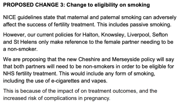 Screenshot of a document with text about NHS IVF consultation and vaping restrictions.