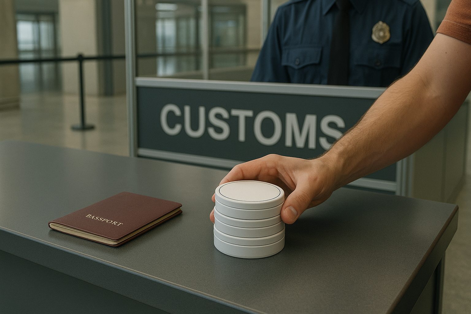 Traveler at Spanish airport customs placing nicotine pouches on inspection counter beside passport.
