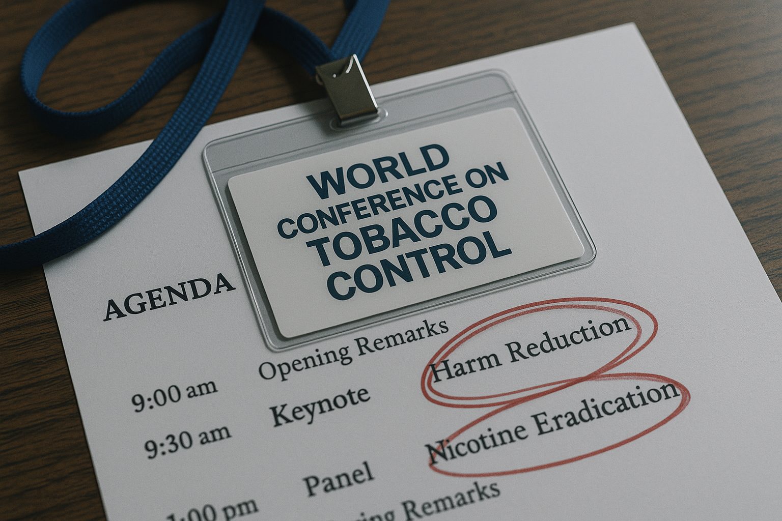 Close-up of tobacco control conference badge on top of printed agenda with “Harm Reduction” and “Nicotine Eradication” circled in red.