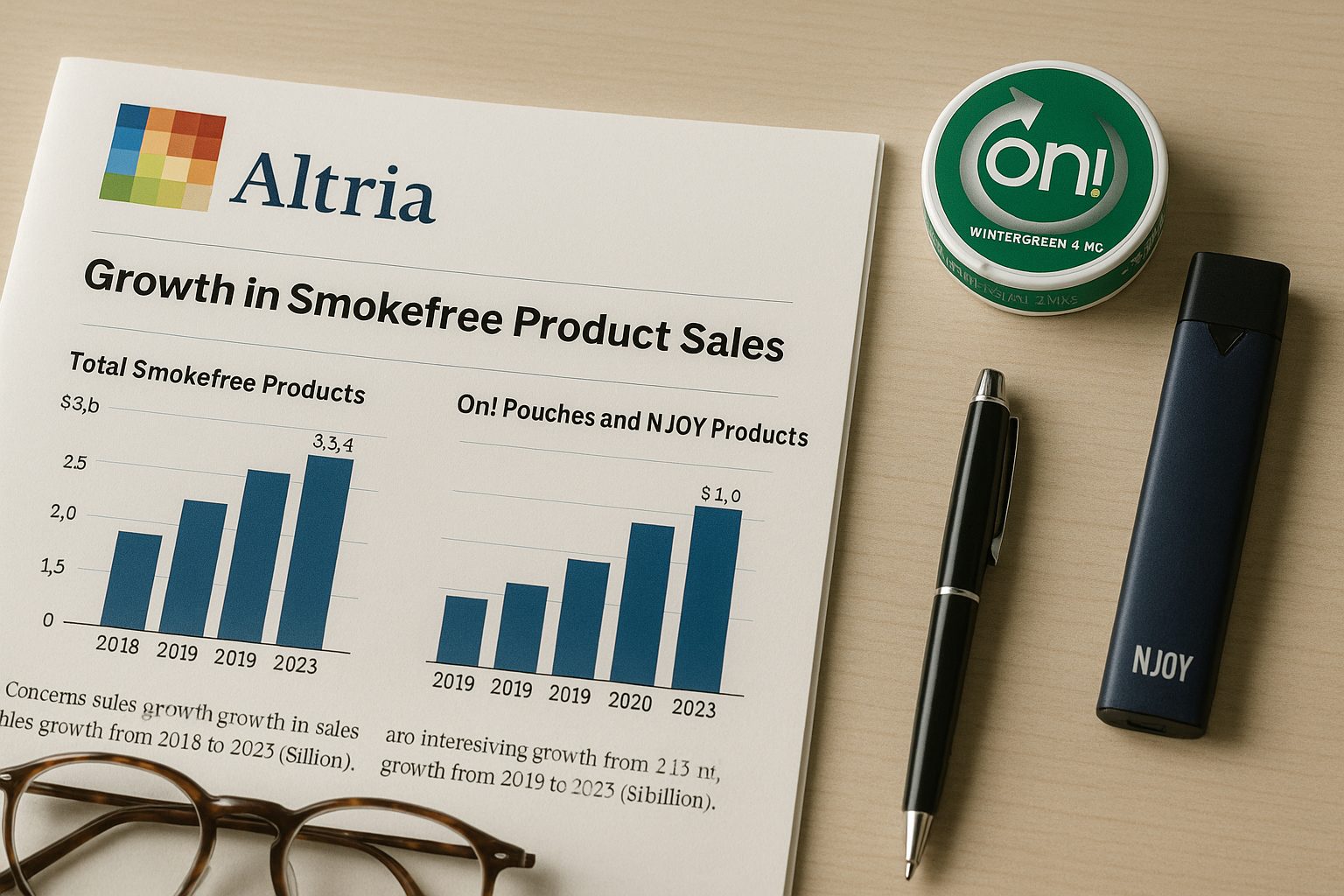 Altria investor report with smokefree product growth graphs, on! pouch tin, NJOY vape, and reading glasses on a table.