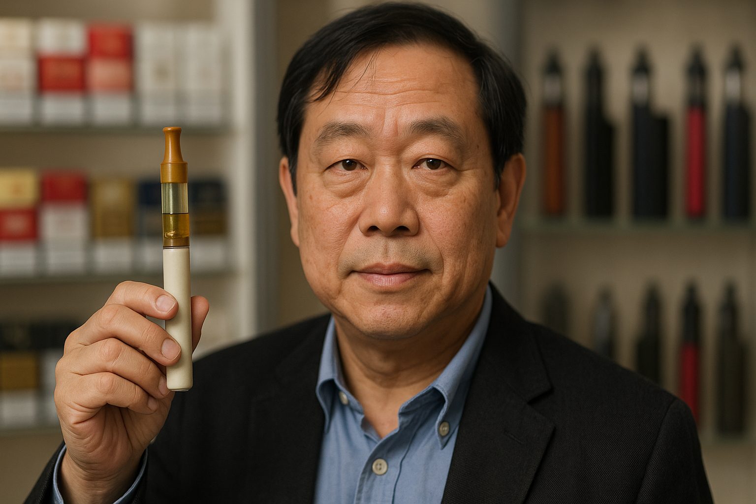 Hon Lik, inventor of the e-cigarette, holding an early prototype, bridging smoking’s past and vaping’s present.
