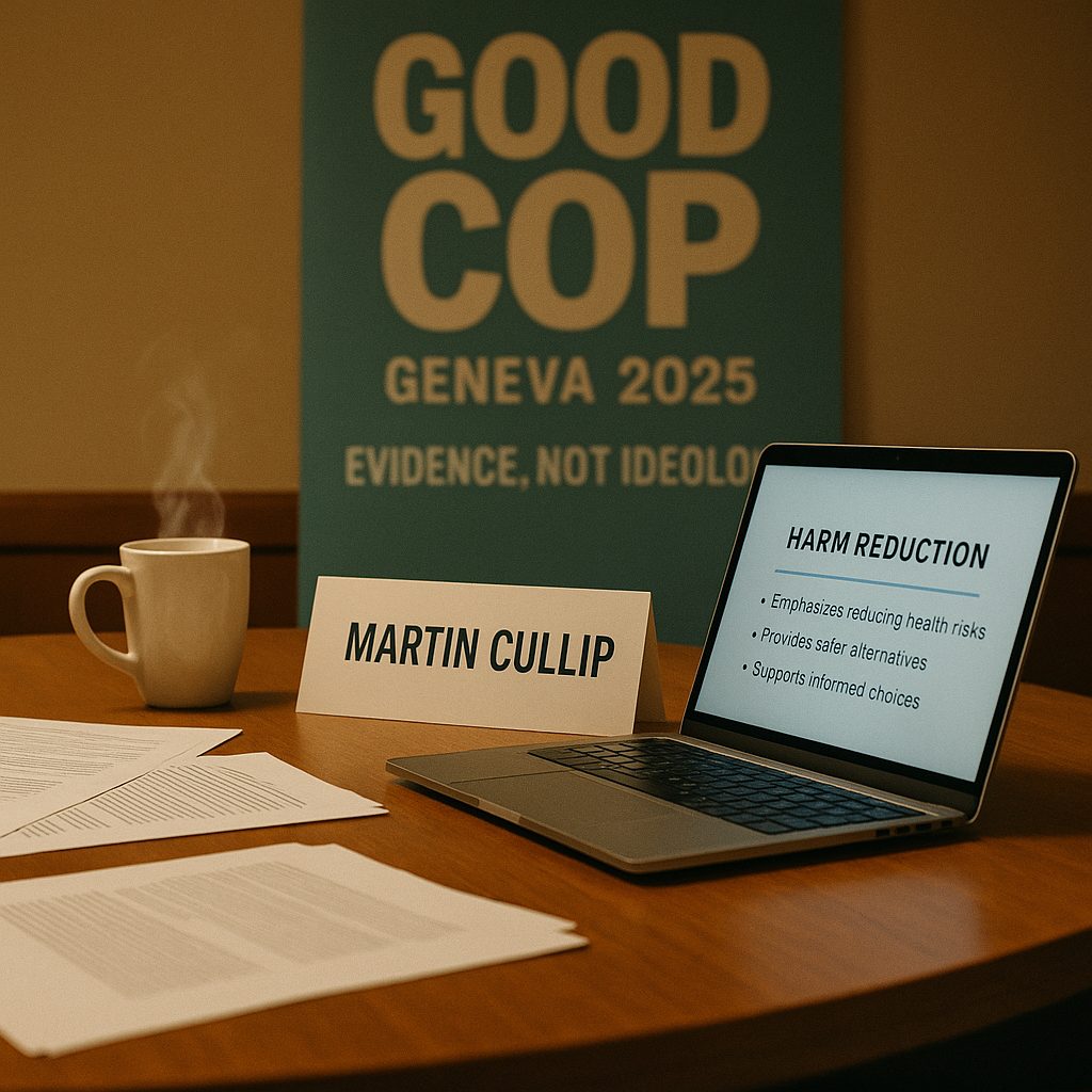 Table at Good COP roundtable with papers, laptop, and Martin Cullip placard, evoking informal but serious debate.