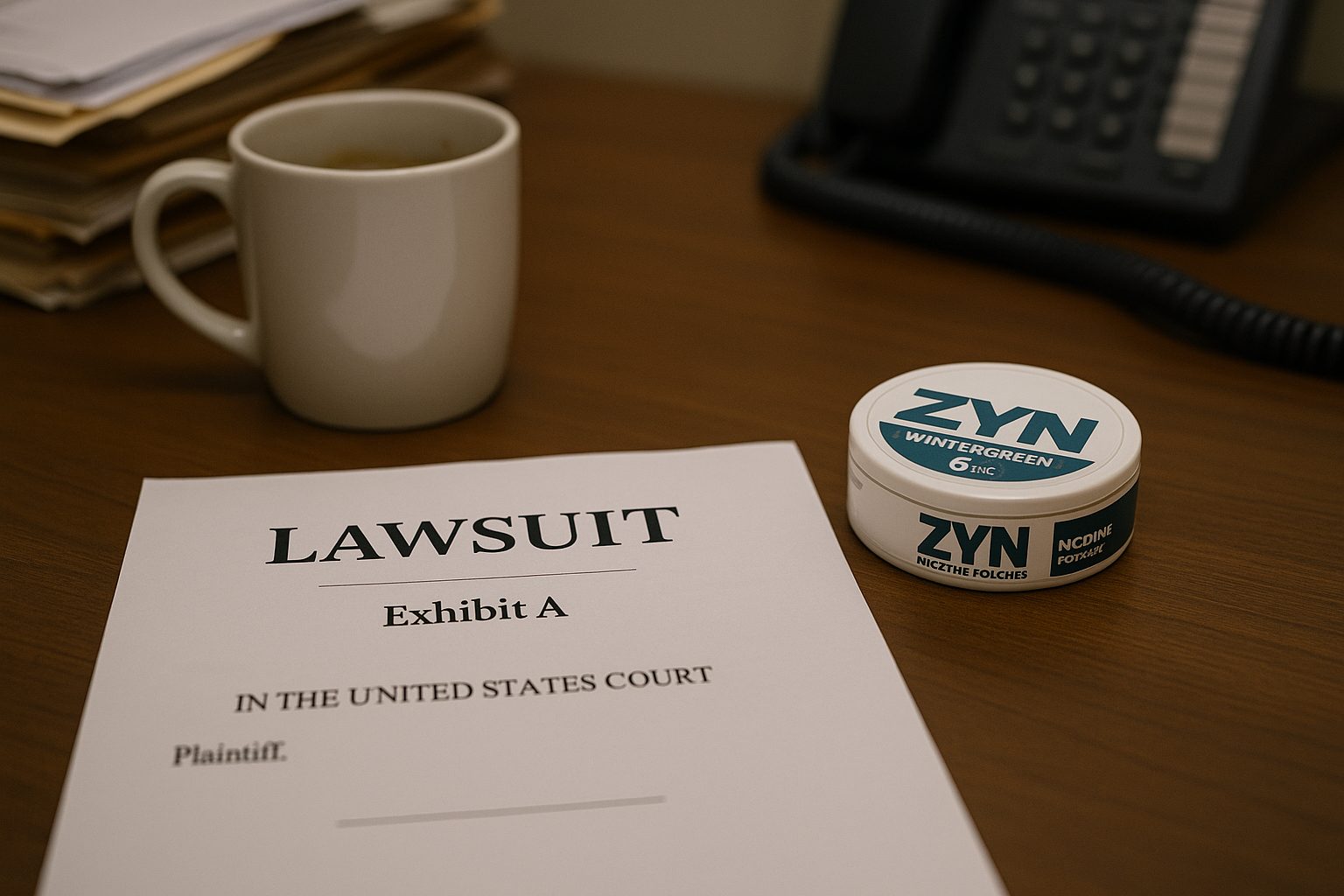 Realistic photo of legal desk with lawsuit papers, coffee cup, and ZYN tin, symbolising flimsy case evidence.
