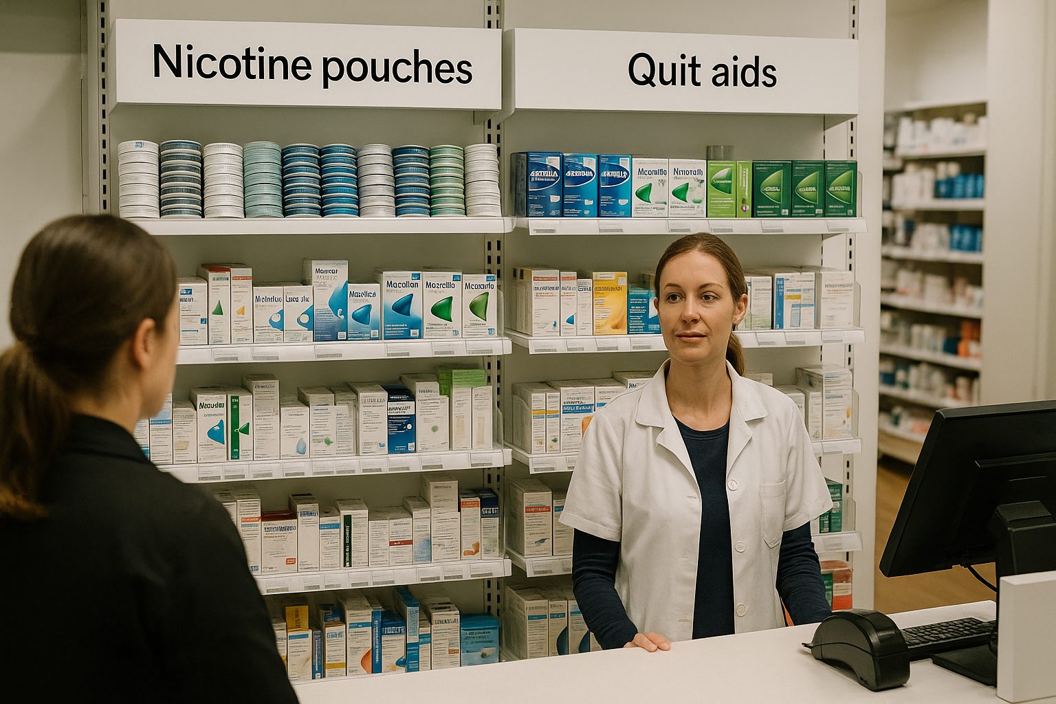 Inside a Swedish pharmacy, nicotine pouches on display near smoking cessation products at the counter.