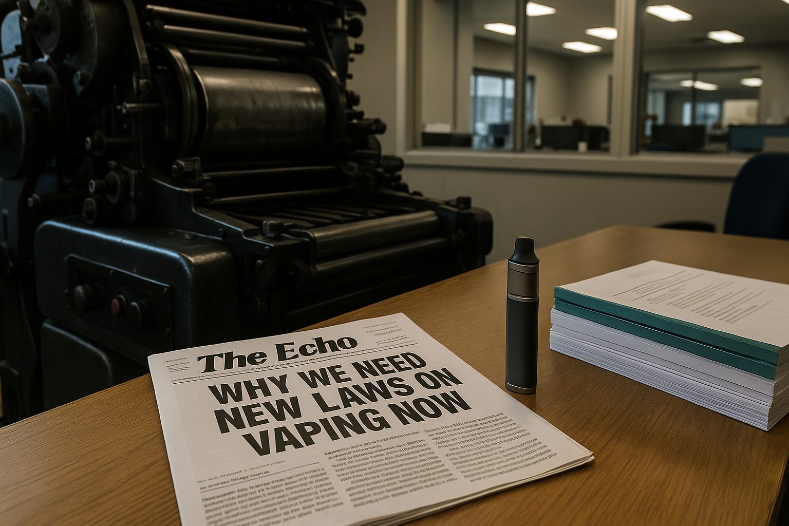 Photograph of printing press and newspaper beside a vape and scientific journals, highlighting clash of old media and modern science.