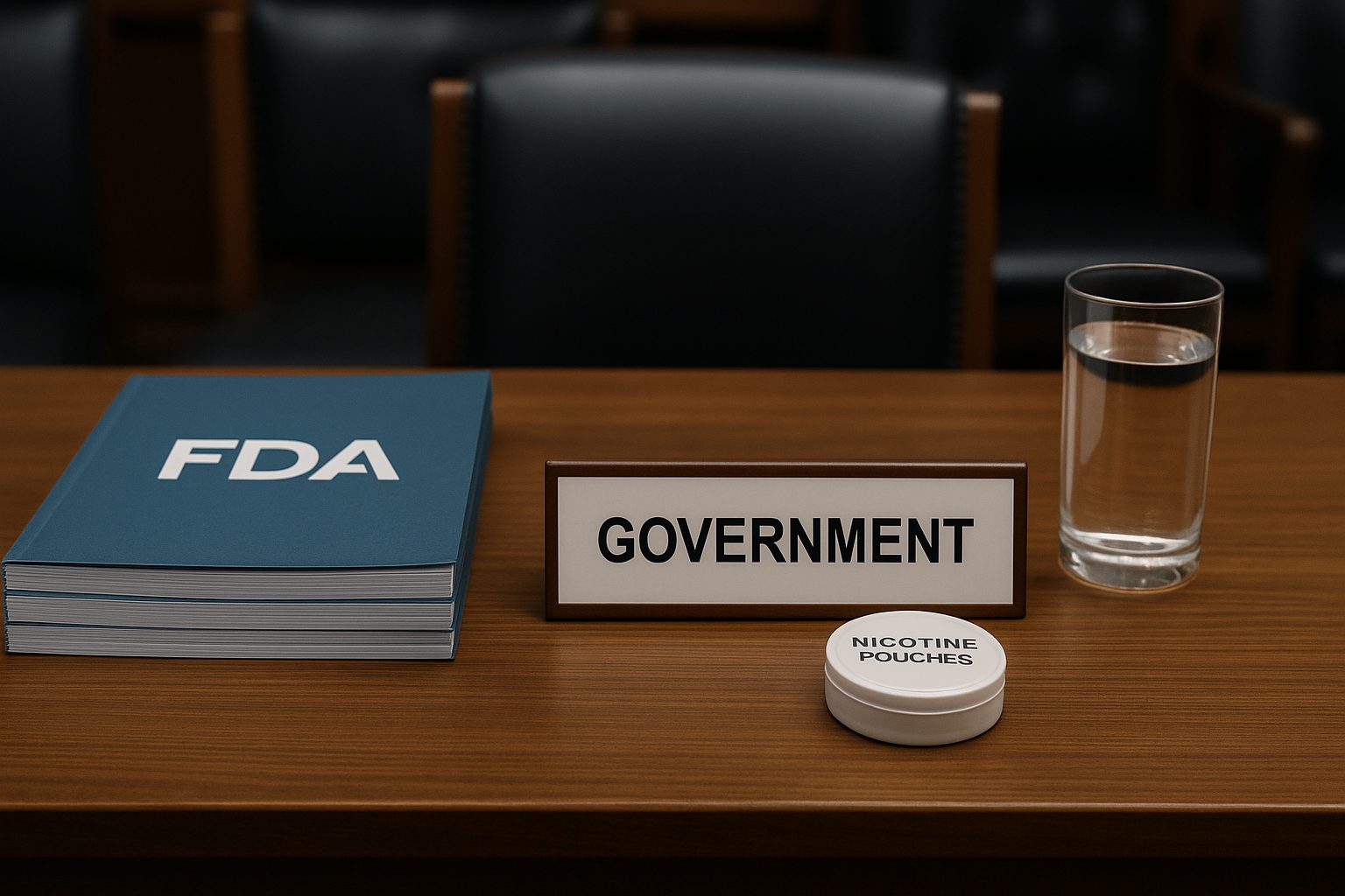 Editorial photo of an FDA hearing table with briefing folders, a tin of nicotine pouches, and a government nameplate.