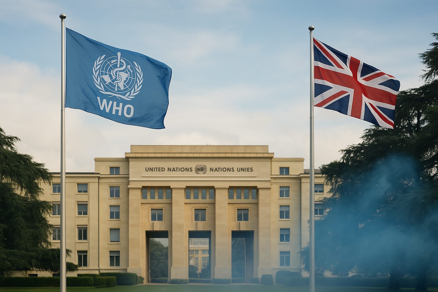 United Nations building in Geneva with UK and WHO flags, soft vapour overlay symbolising the UK’s harm reduction message on vaping at COP11.