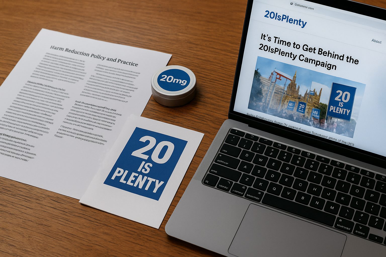Desk scene with a 20IsPlenty campaign leaflet, nicotine pouch tin marked “20mg”, and a laptop open to the campaign website, illustrating grassroots advocacy for sensible regulation.