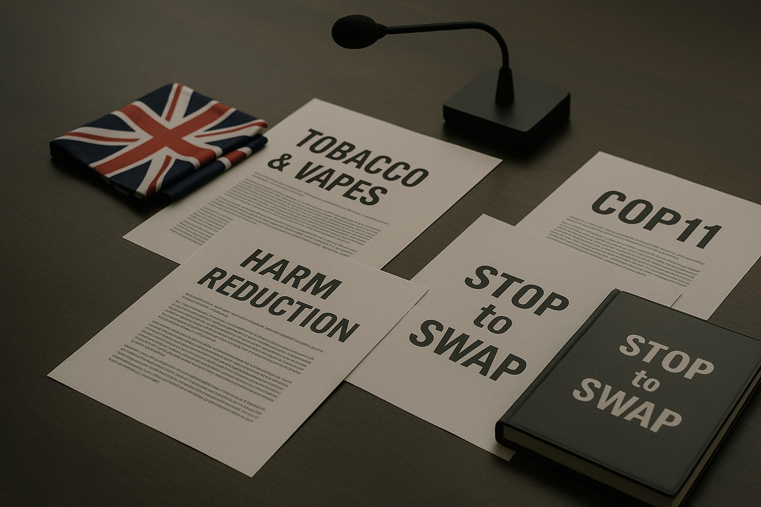 Briefing papers on harm reduction and the Tobacco and Vapes Bill scattered on a table with UK flags and an unused microphone.