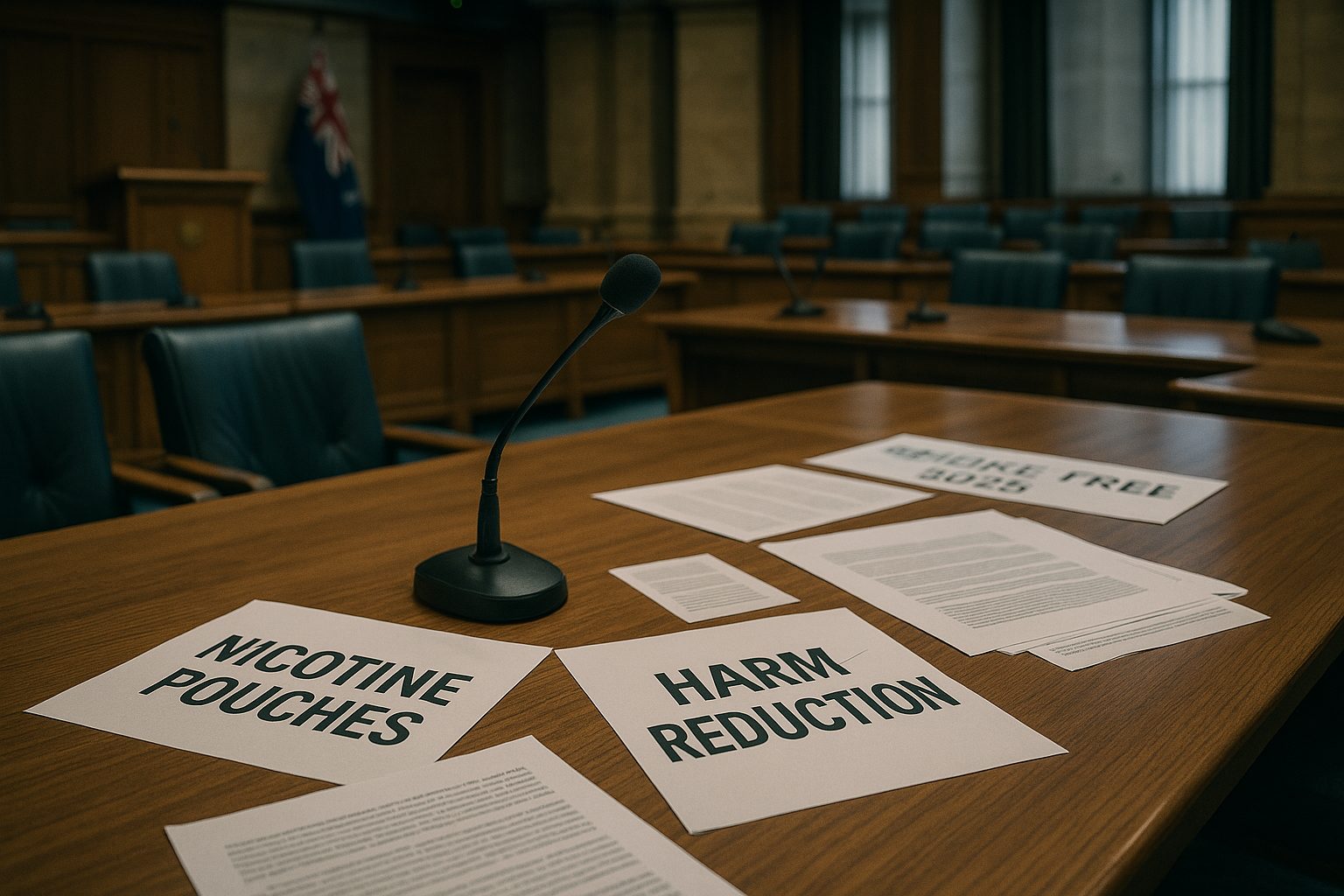 A research desk with printed studies on nicotine pouches, biomarker charts, and a small pouch container placed beside highlighted findings.