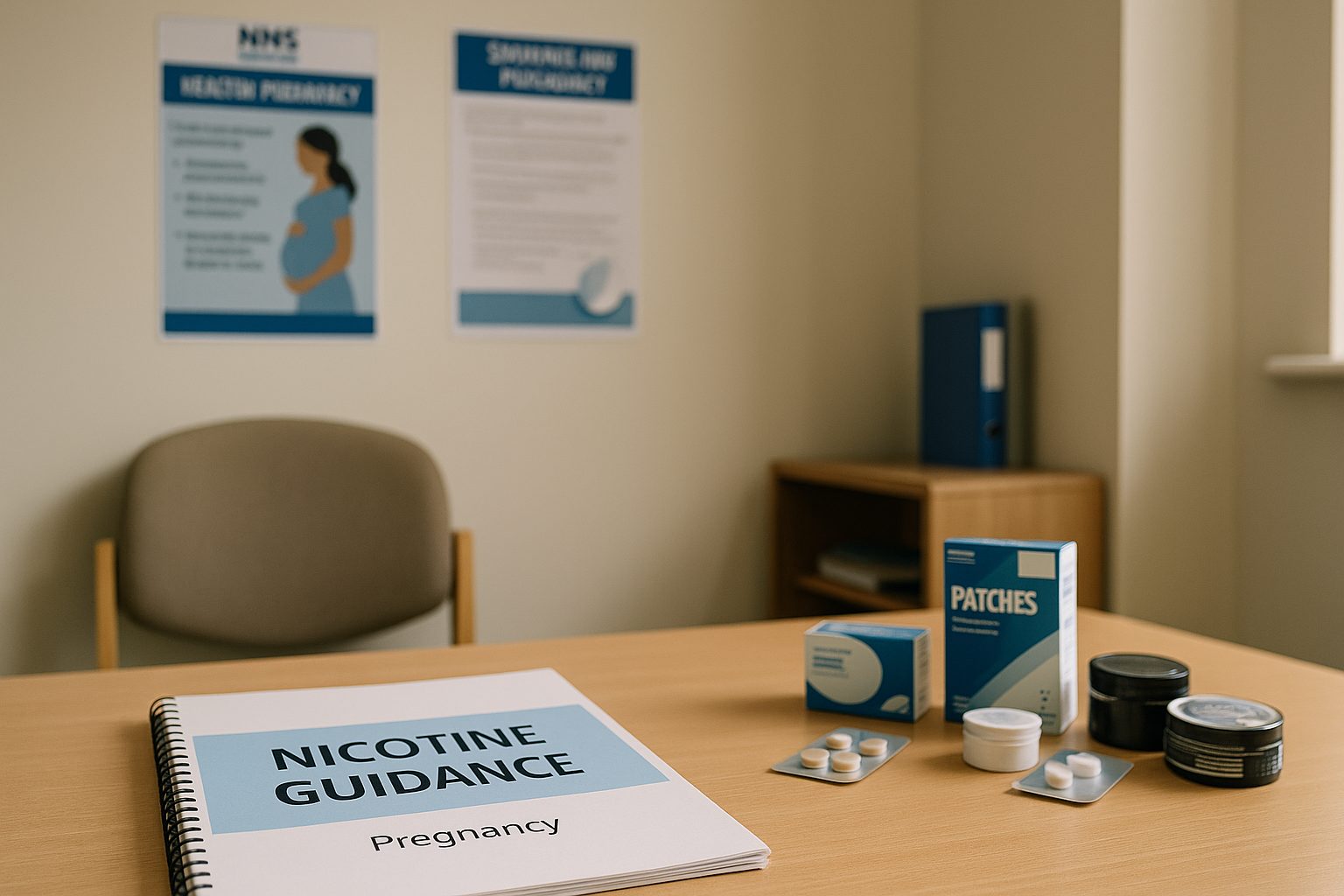 Licensed NRT products and sealed nicotine pouch cans placed side by side on a clinical table with a leaflet titled Pregnancy Advice between them.