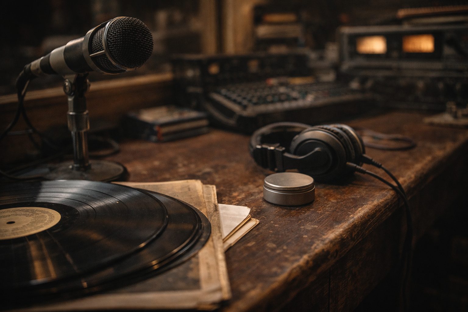 Radio studio desk with microphone, vinyl records and an unbranded snus tin, suggesting a discussion about music and quitting smoking.