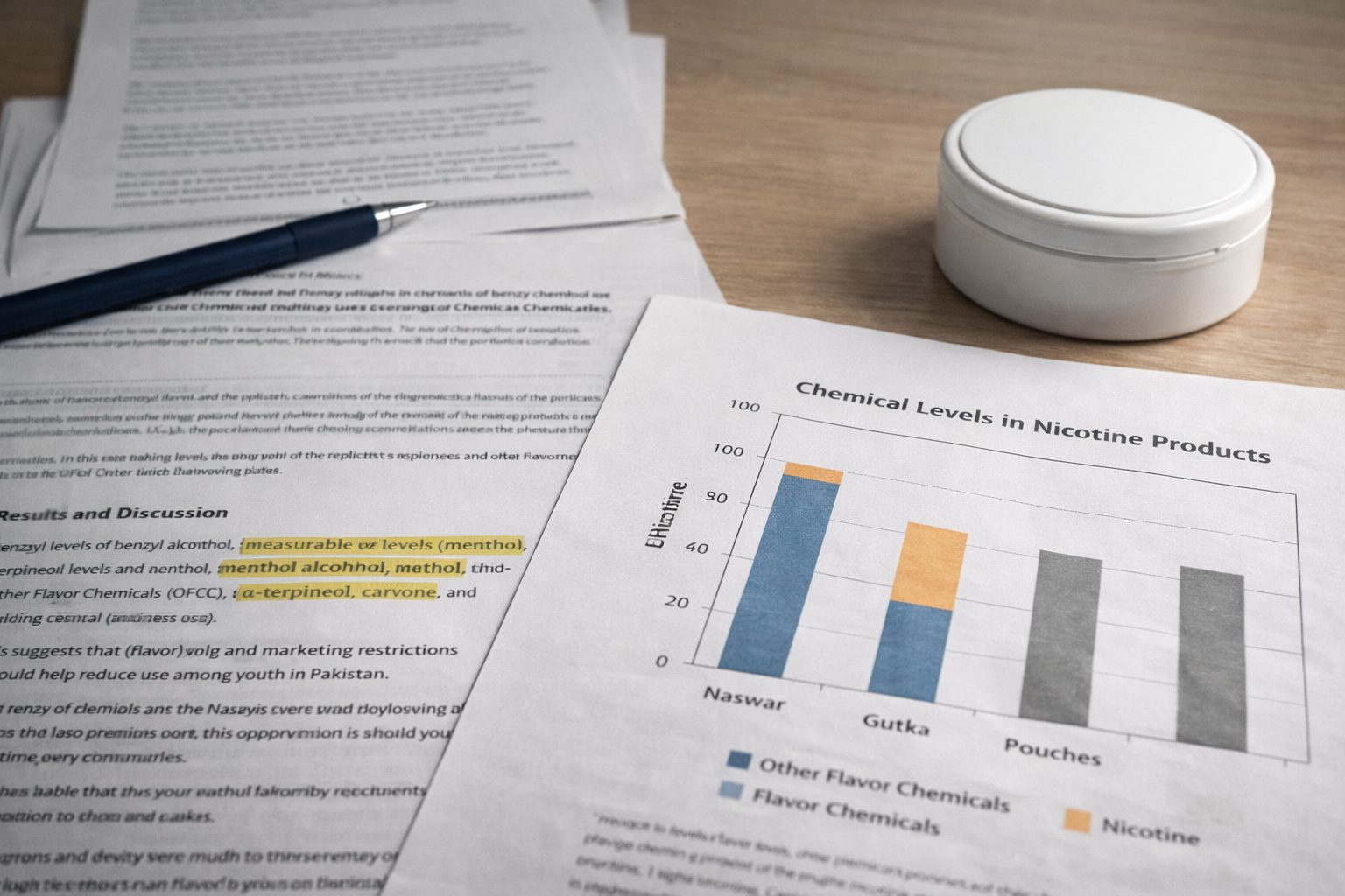 Study documents and charts analysing nicotine pouch ingredients, shown alongside an unbranded pouch tin in a research setting.