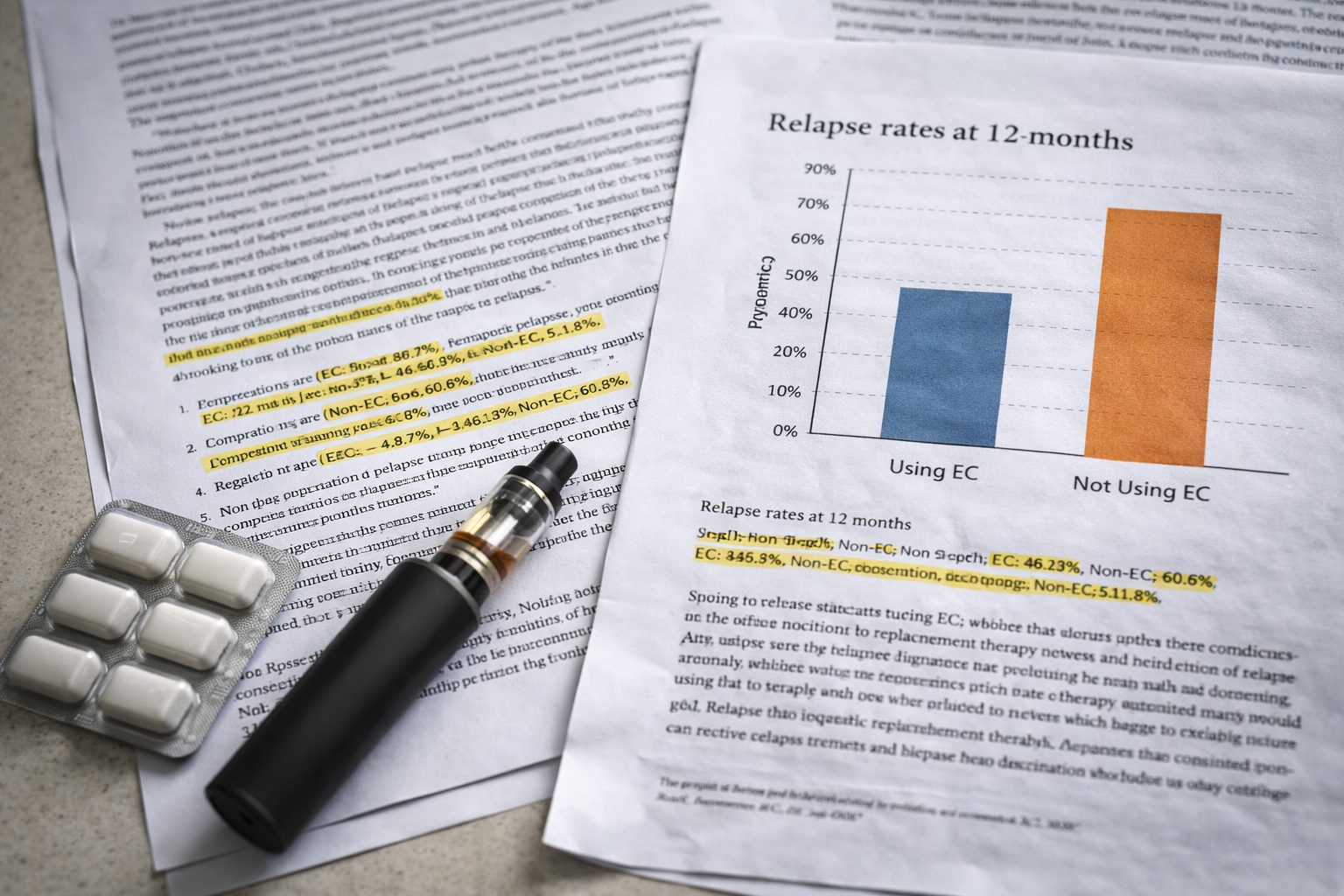 Research desk with highlighted study data comparing smoking relapse rates between e-cigarette users and non-users.