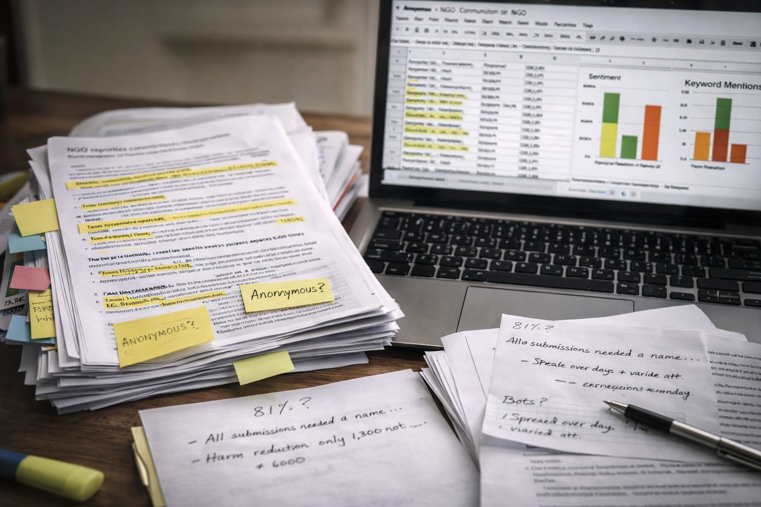 Desk scene showing analysed consultation data and highlighted NGO reports, representing investigation into claims of bot-driven submissions.