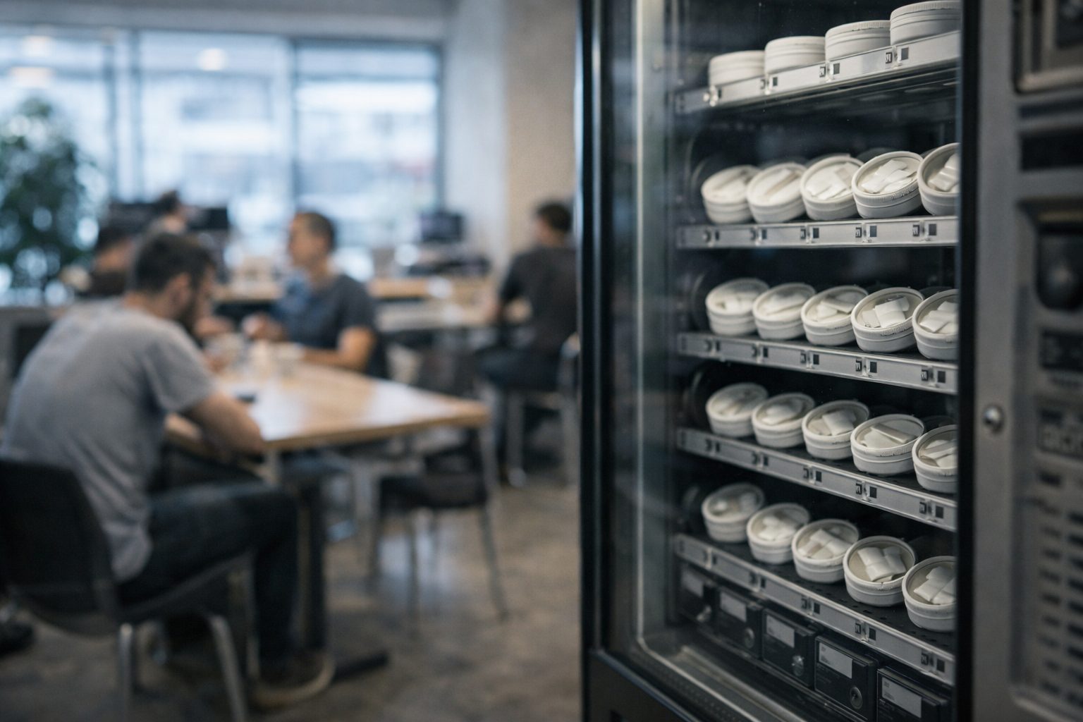 Nicotine pouch vending machine in a tech company office break area