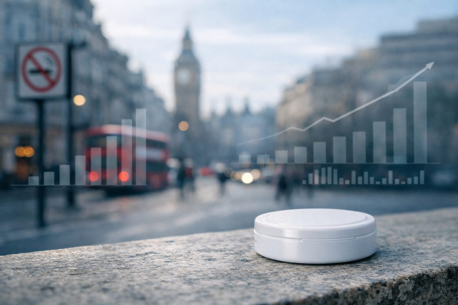 Research desk with academic study on nicotine pouch use in Great Britain, featuring charts, notes, and an unbranded pouch tin.