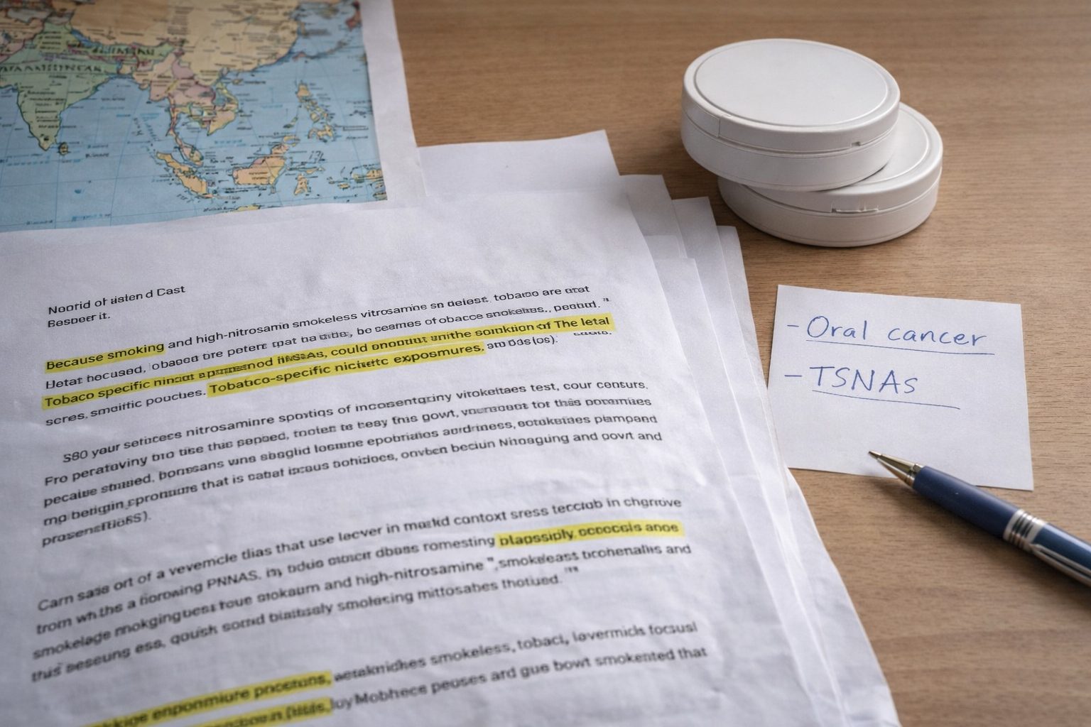 Academic papers on oral cancer and nicotine pouches spread across a desk with a regional map and unbranded pouch tins.