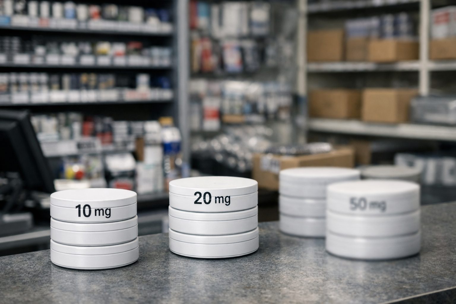 Unbranded nicotine pouch tins displayed in a retail-style setting, illustrating product strength differences and market regulation concerns.