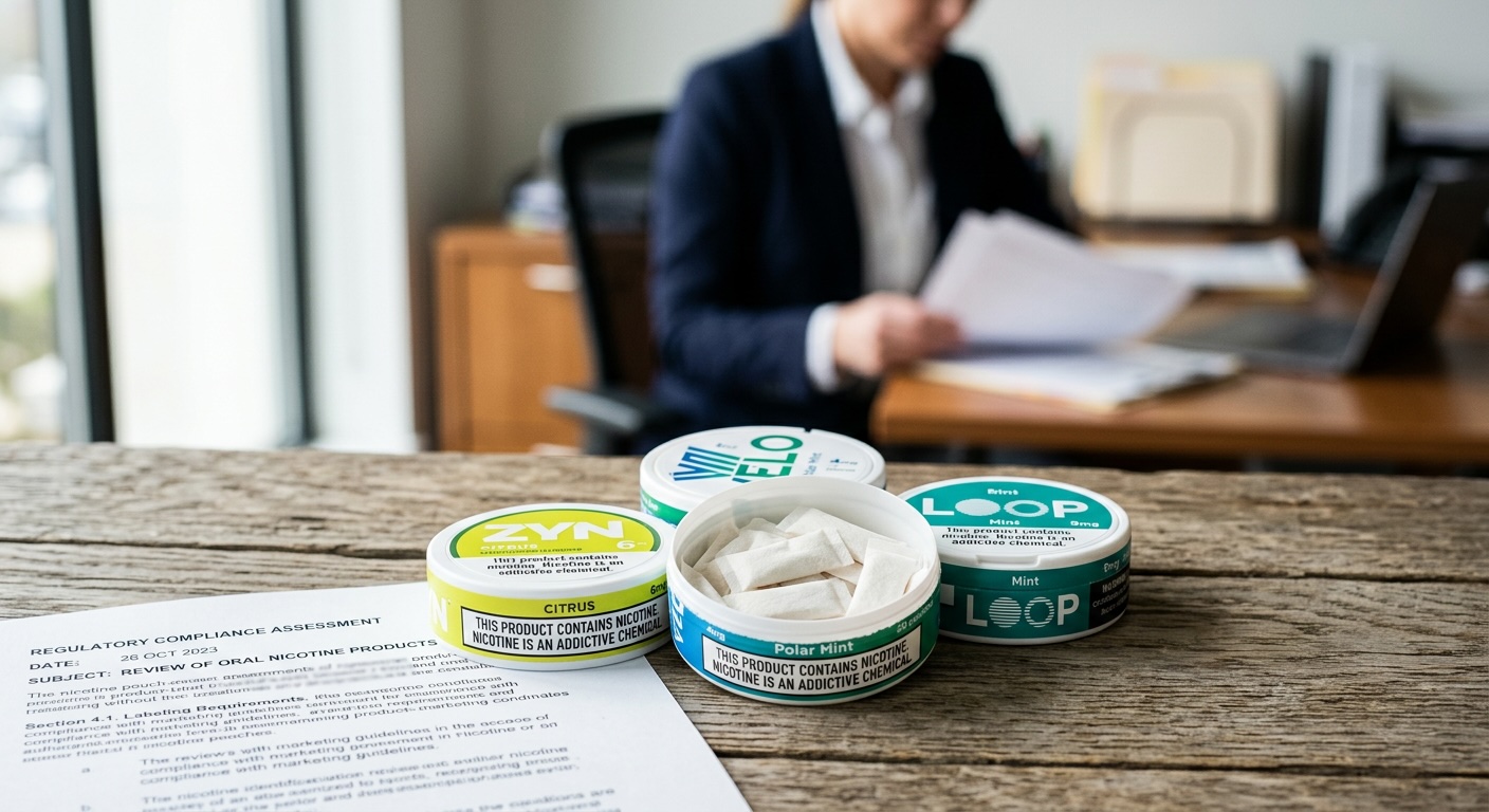 Nicotine pouch packaging displayed alongside official regulatory correspondence, symbolising the debate over Canadian nicotine product accessibility.