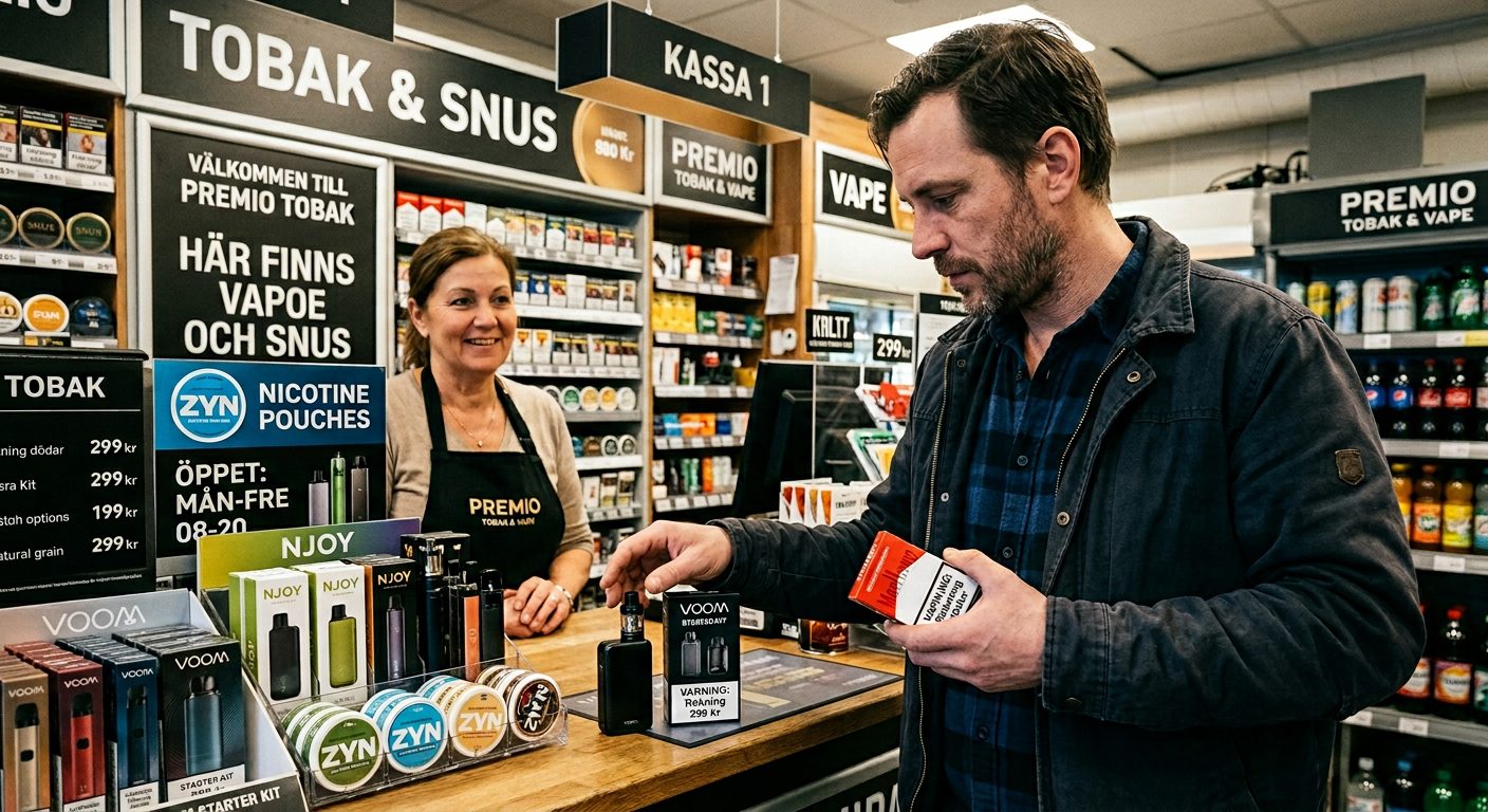 Person deciding between a cigarette and a vape device at a shop counter with Swedish signs, illustrating tobacco harm reduction in Sweden.