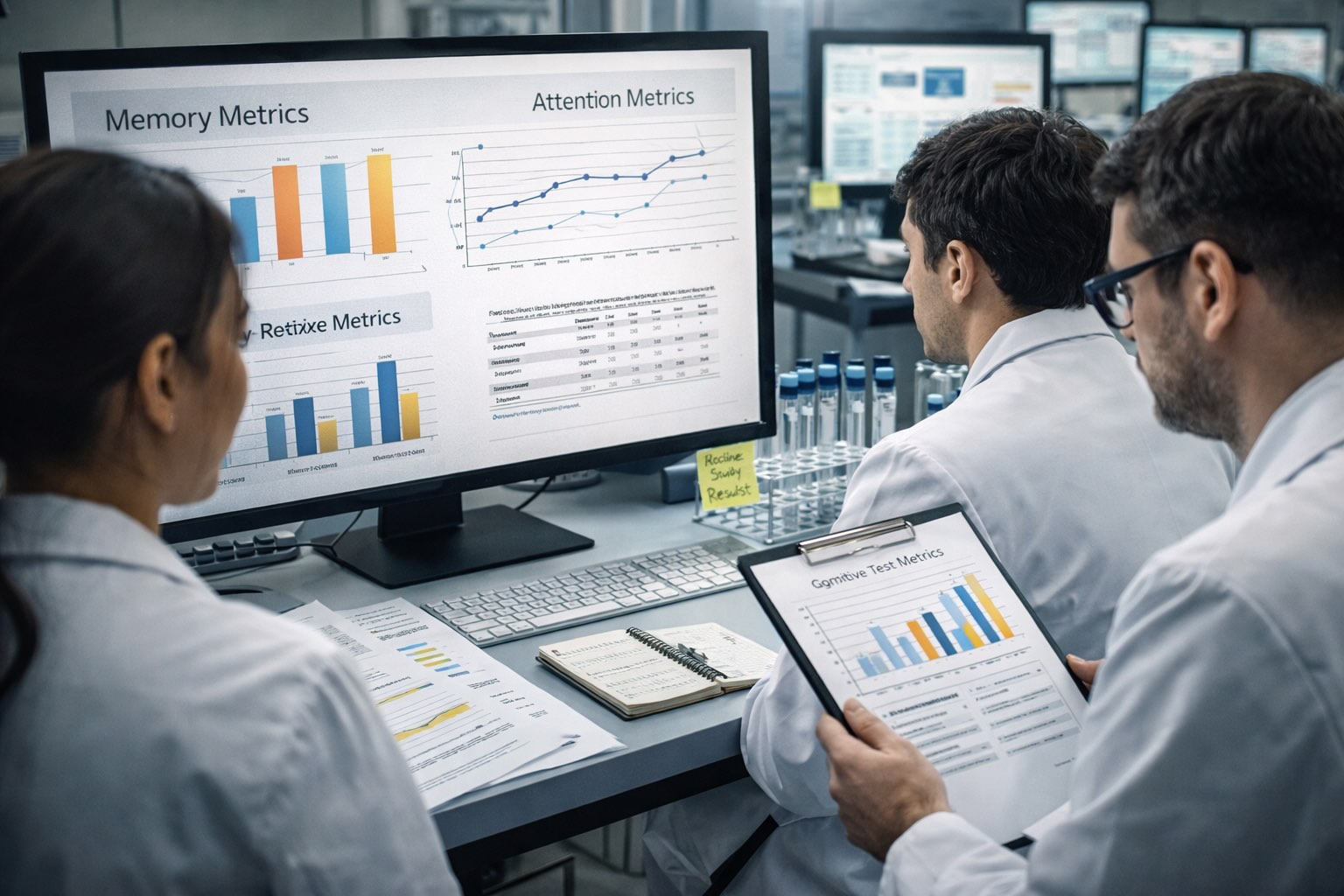 Scientists reviewing cognitive performance data and research charts in a laboratory setting