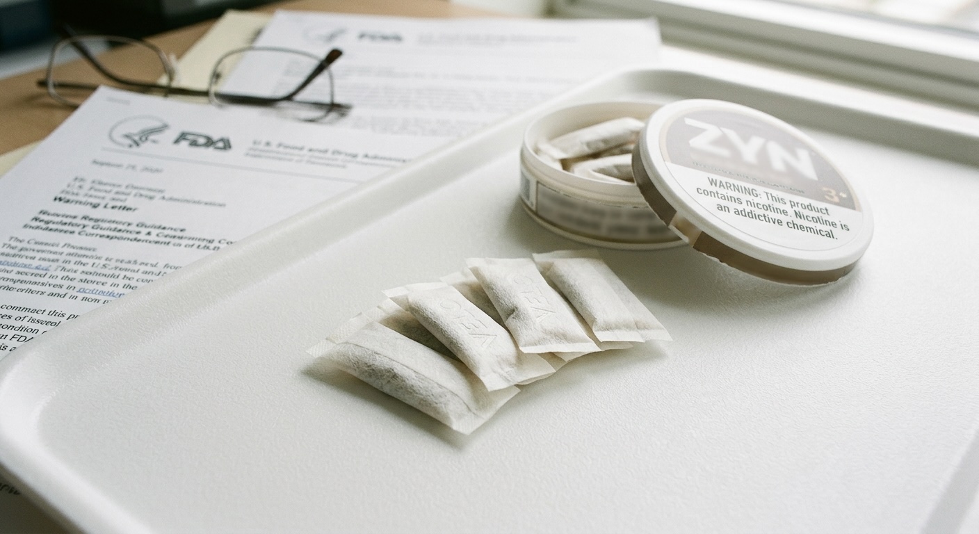 Close-up of nicotine pouches with blurred FDA documentation in background, representing regulatory scrutiny in the pouch manufacturing debate.