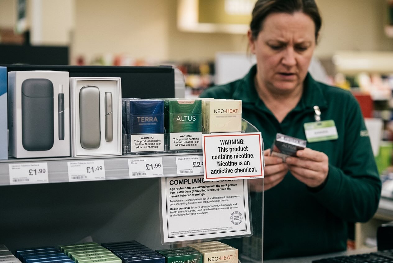 Heated tobacco products displayed on a supermarket shelf with compliance signage, illustrating the regulatory ambiguity in UK advertising law.