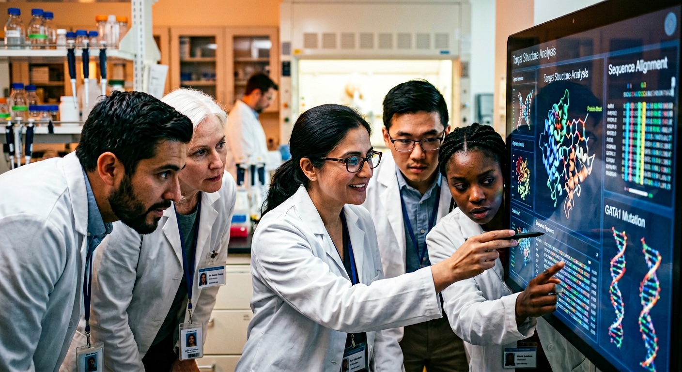 Research team analysing molecular data on screens in a modern genetics laboratory.