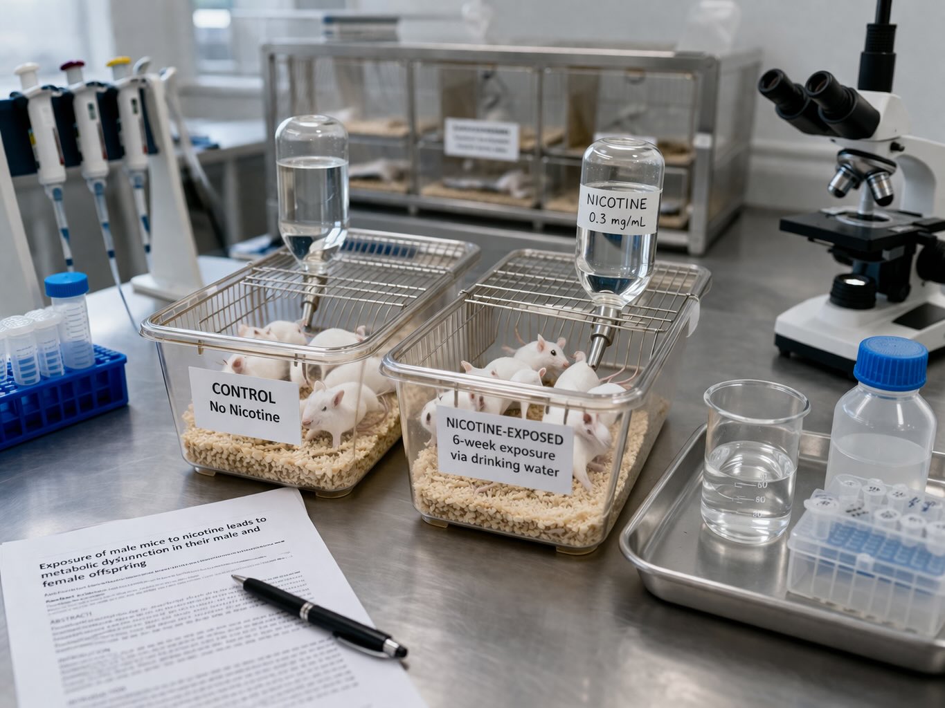 Laboratory mice in a controlled scientific study environment with research equipment